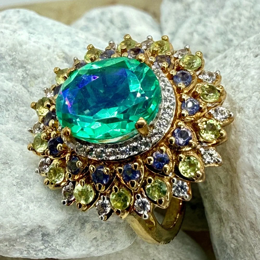 NWT Peacock Quartz Multi-Gem Dahlia Floral Ring Vermeil Gold over 925 4.15ctw